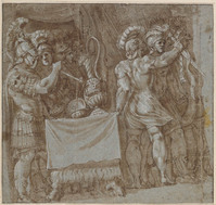 B 045
<br/>
Brennus werpt zijn zwaard in de weegschaal
<br/>
<em>Polidoro da Caravaggio (ca.1499-1543) - kopie naar</em>